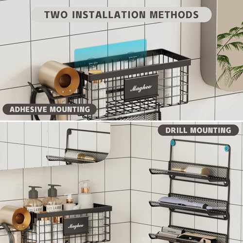 Magheo Hair Dryer Holder Wall Mounted, Adheisve Hair Styling Tool Organizer for hair Brush/Appliance Wall Mount with 4 Tier Shelf Basket Hooks Blow Dryer and Straightener Holder for Bathroom(Black) - Image 5
