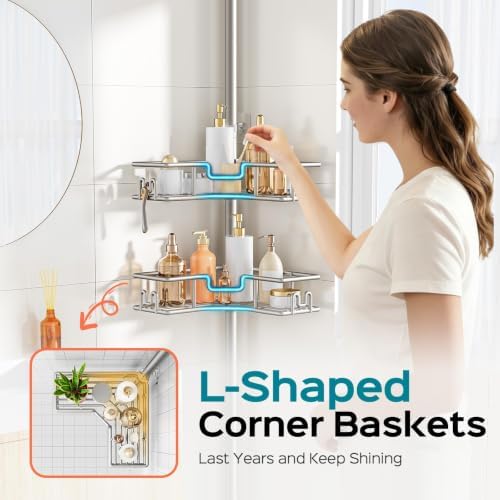 HAMITOR Corner Shower Shelves, 4-Tier Metal Tension Pole Caddy, Silver Gray - Image 3