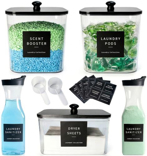 3+2 Pack Laundry Pods Containers & Dryer Sheet Holder & Laundry Detergent Dispenser, Laundry Room Organization and Storage Jars with Lids, Labels and Scoops for Scent Booster, Powder, Pods by Unknown
