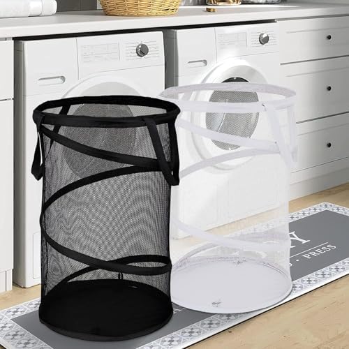 BATTOO 2 Pack Large Collapsible Laundry Basket Foldable Mesh Pop Up Hamper with Handles for Laundry Room, Bathroom, Kids Room, College Dorm, Travel, Storage Organizer Black+White - Image 6
