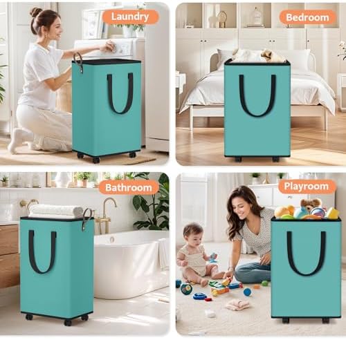 SpaceTrove Rolling Laundry Basket with Wheels, Laundry Hamper, 100L, Green - Image 6
