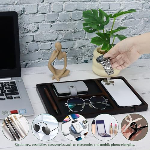MultiBey Acacia Wood Valet Tray with Leather Inlay, Desk Organizer Tray - Image 4