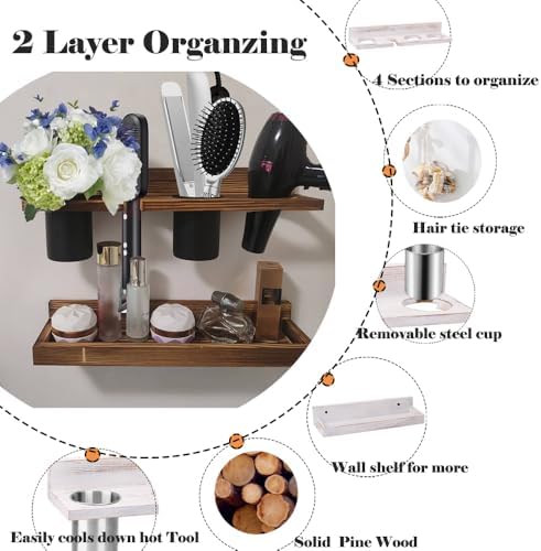 Hair Tool Organizer Wall Mount Holder, 2 Layer Rustic Blow Dryer Holder, Hair Product Wooden Storage Shelf for Hair Dryer, Curling Iron, Hot Tools, Vanity Accessories, Makeup, Toiletries(Dark Brown) - Image 3