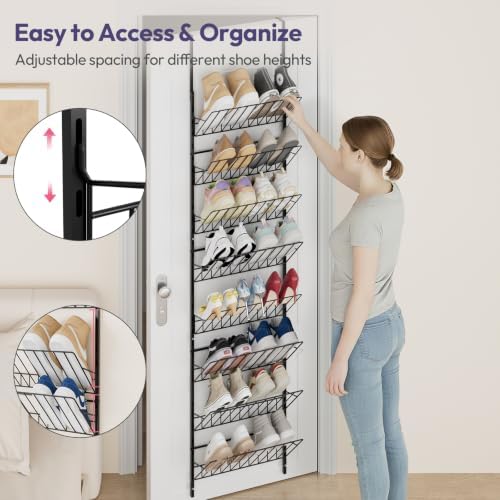 SWTYMIKI Over the Door Shoe Organizer - Adjustable 8 Tier Hanging Shoe Rack Organizer, Metal Heavy Duty Behind Door Storage or Wall Mount Shoes Shelf for Flats, Heels, Sneakers, Boots, Black - Image 6