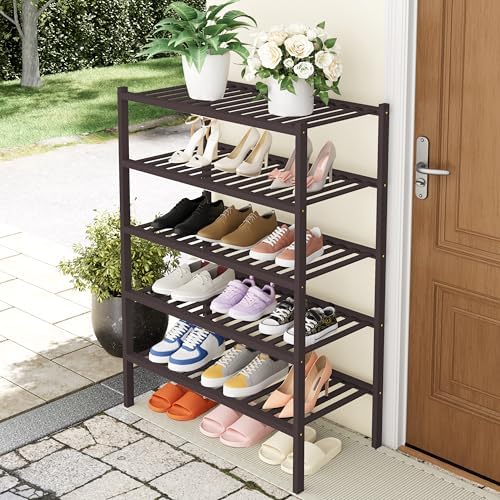 Smiry Bamboo Shoe Rack, 14 Vertical Slats, 5 Tier - 26.8" Wide, Brown - Image 6
