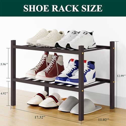 Smiry Bamboo Shoe Rack, 8 Vertical Slats, 2 Tier - 17.3" Wide, Brown - Image 2