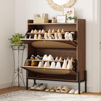 IRONCK Rattan Shoe Cabinet Storage with 2 Flip Drawers, Walnut - Image 2
