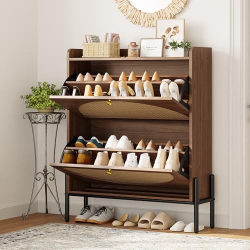 IRONCK Rattan Shoe Cabinet Storage with 2 Flip Drawers, Walnut - Image 2