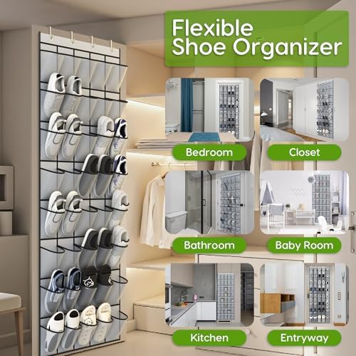 Over the Door Shoe Organizer with 40 Large Breathable Mesh Pockets, Space Saving Shoe Holder, Hanging Shoe Rack for Entryway Bedroom Closet Storage (Grey, 80 Pockets) - Image 3