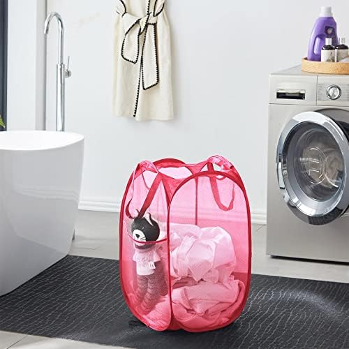 TECHMILLY Collapsible Mesh Pop Up Laundry Hamper with Sturdy Handles and Side Pocket - Portable Foldable Clothes Baskets for Dorm, Bathroom & Travel Storage (Pink) - Image 6