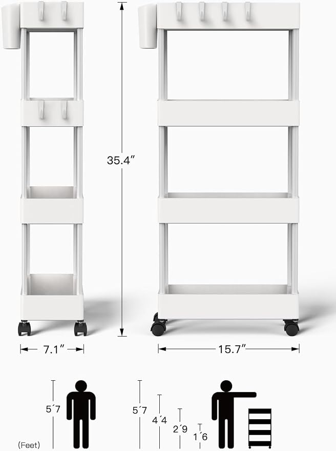 Pipishell 4 Tier Slim Storage Cart with Wheels, Laundry Cart, White - Image 8