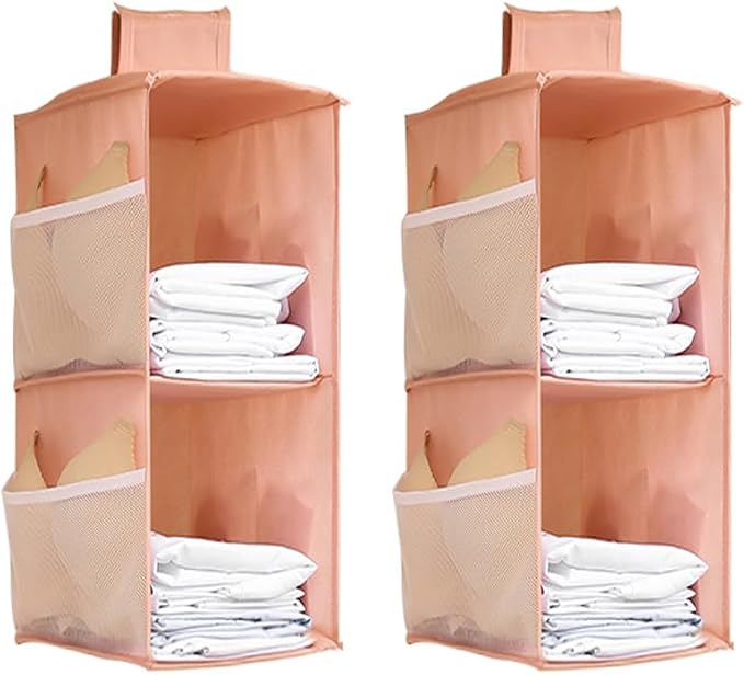 Hanging Closet Organizer, 4-Section Storage Shelves, Oxford Cloth with Mesh Pockets, (Pink, 2 Section) by Fasolara