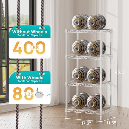 SINGAYE 4 Small Shelves Storage Shelf Wire Shelving Unit Metal Shelf Adjustable Organizers Storage Shelving with Wheels for Bathroom Laundry Room Kitchen Pantry11.5”D x 17.3”W x 44.5”H White - Image 3