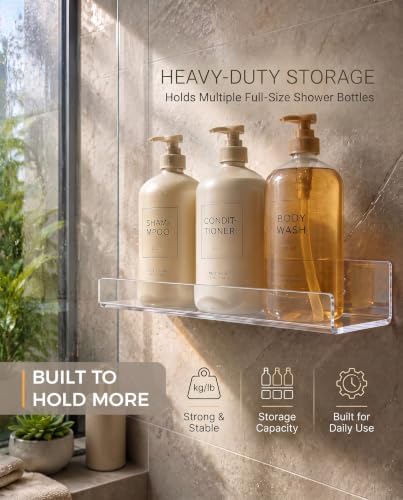 Clear Acrylic Bathroom Shelf Wall Mounted Floating Organizer with Front Lip - Image 3