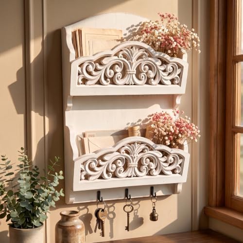 Rustic Key and Mail Holder, 2 Slot Wall Organizer with 3 Key Hooks - Image 3