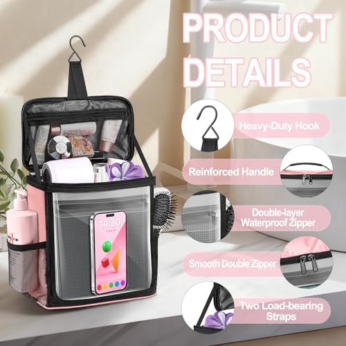 Portable Hanging Shower Caddy, Large Capacity Travel Toiletry Bag for Men & Women, Bath Organizer with Hook & Waterproof Phone Compartment, for Gym, Travel, Dorm, Picnic, Bathroom(Pink) - Image 5