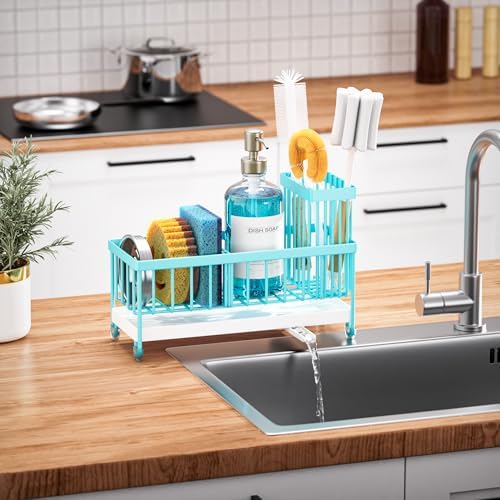 Cisily Sponge Holder for Kitchen Sink, Sink Caddy Organizer with High Brush Holder, Kitchen Countertop Organizers and Storage Essentials, Rustproof 304 Stainless Steel (Turquoise, 9.25″) - Image 6