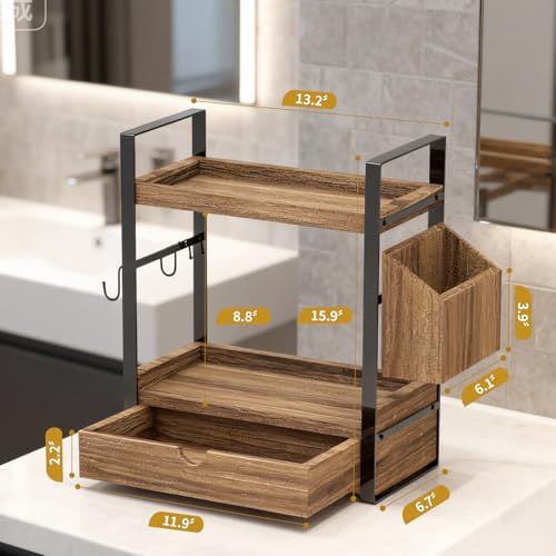 2-Tired Bathroom Counter Organizers and Storage, Bathroom Countertop Organizer with Drawer, Solid Wood Skincare Perfume Organizer for Vanity Kitchen Corner Shelf Office Countertop (Drak Brown) - Image 3