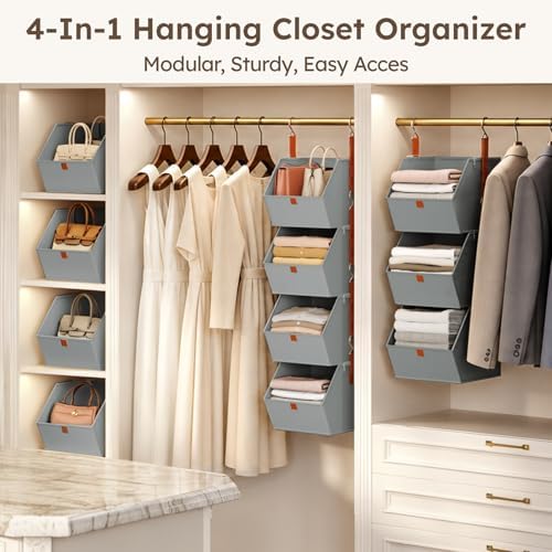 Homsorout Hanging Closet Organizer 4 Tier - Clothes Hanging Shelves, Space-Saving Closet System, Fabric Storage Bins Bedroom Organization, Collapsible Baskets for Home, Dorm, Rv, Grey - Image 5