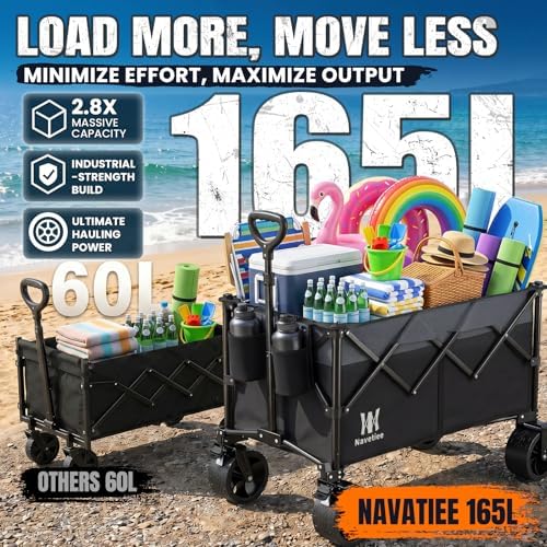 Navatiee 330Lbs Collapsible Folding Wagon, Beach Wagon Cart Heavy Duty Foldable with Big Wheels, Utility Grocery Wagon with 165L Large Capacity for Camping Garden Sports, Black - Image 2