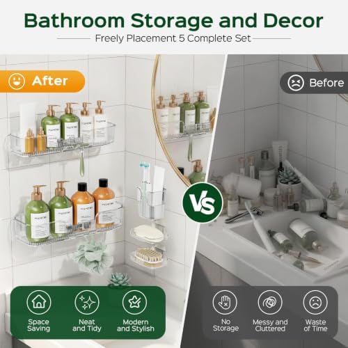 HAMITOR 5 Pack Adhesive Shower Caddy, Clear Transparent Shower Organizer - Image 6