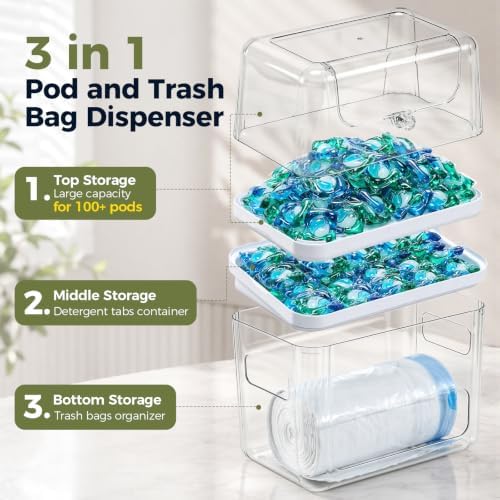 Trash Bag Dispenser & Dishwasher Pod Holder, 3-in-1 Trash Bag Holder Laundry Pods Container with Moisture-Proof Lid, Acrylic Garbage Bag Dispenser for Under Sink Organizer Laundry Room Organization - Image 3