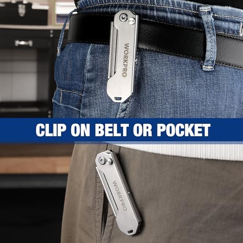 WORKPRO 2PCS EDC Folding Utility Knife, Mini Box Cutter with Quick Open Axis Lock, Quick Change Blade Razor Knife, Foldable Small Pocket Knife with Belt Clip, 2 Packs with 10 Extra Blades - Image 6