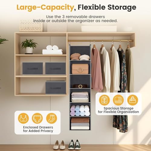 Hanging Closet Organizer 6-Shelf with 3 Drawers & Side Pockets, Closet Organizers and Storage for Dorm, Nursery & Wardrobe Organization, Hanging Shelf Clothes Organizer for Sweaters, Shoes, Gray - Image 5