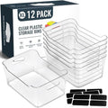12 PACK Multi-Use Clear Plastic Storage Bins for Organizing w/ Labels - Home, Kitchen, Pantry, Bathroom, Office, Cabinet Shelf Organizer Bins - SOHO Collection, RV, Fridge Organization Containers -XL by MakeLifeBetterEasier