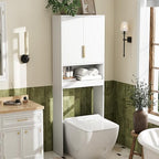 VINGLI Over The Toilet Storage Cabinet White, Modern Bathroom Organizer with Fluted Doors, Freestanding Wooden Space Saver Stand with Adjustable Bottom Bar for Laundry, Gold Handles by VINGLI