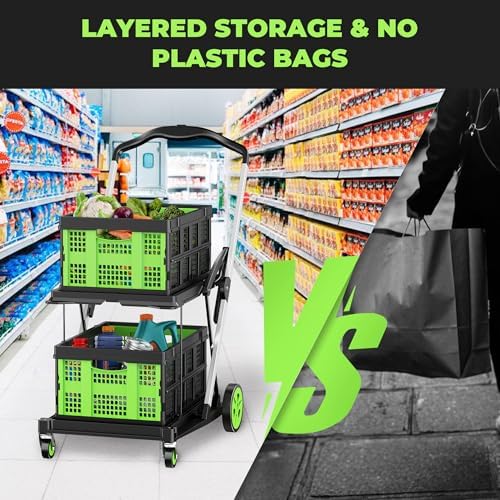 8-in-1 Max 200LBS Collapsible Shopping Cart on Wheels with 2 Storage Crates, Portable Foldable Shopping Cart with Foot Brake for Picnic, Supermarket, Office, Green-2026 Upgraded - Image 6