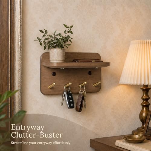 Key Holder Wall Mount, Solid Wood Key Holder for Wall with 4 Brass Hooks & Hidden Magnets, 15° Incline Hooks & Grooved Design to Prevent Slipping, Vintage Brown Key Hanger - Image 4