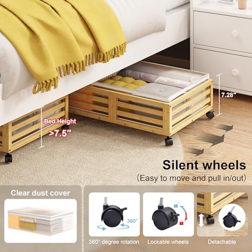 Under Bed Storage with Wheels, 2 Pack Bamboo Drawers for Shoes and Clothes - Image 5