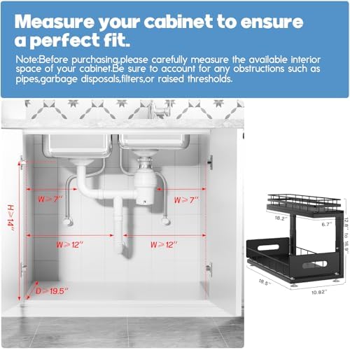 Under Sink Organizer Upgrade To Professional Rails,2-Tier Dual Pull Out Cabinet Storage,Height Adjustable Slide Out Drawers For Bathroom Kitchen,2 Pack-18.5"Dx12.8"-16.9"H,Black - Image 2