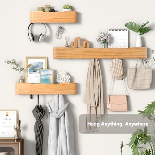 Wall Mounted Coat Rack with Shelf, Wooden Entryway Organizer with Hidden Metal Hooks for Hanging Coats Bags Keys, Modern Floating Shelf for Hallway Bathroom (Oak, 5 Hooks) - Image 2