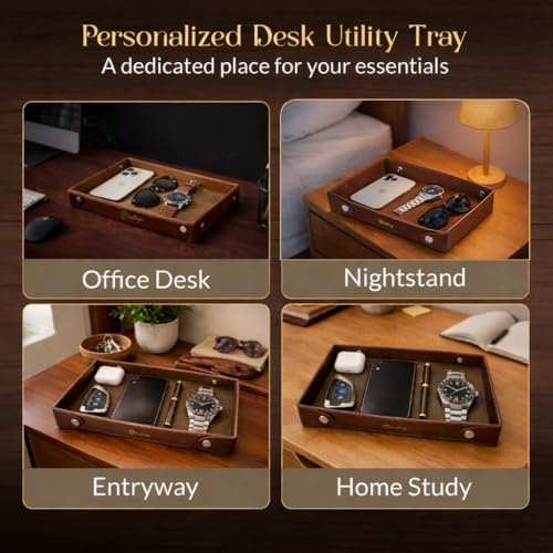 Luxe Genuine Leather Valet Chronicle Tray | Premium Handmade Multipurpose Catchall Tray, Coin Watch Key Trinket Dish for Home Office Desk, Nightstand Entryway (Russet, 11 x 9 x 1.5) - Image 5