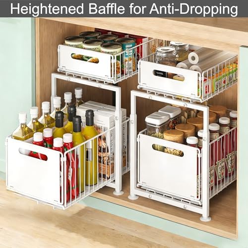 Under Sink Organizer, 2-Tier Multi-Use Kitchen and Bathroom Organizers and Storage, Slide Out Thickened Metal Under The Sink Organizer for Kitchen Bathroom Pantry (Style A White, 2 Pack) - Image 5