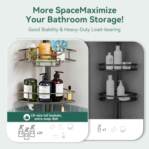 Corner Shower Caddy Tension Pole, 4 Tier Rustproof Shower Tension Rod Organizer, Adjustable 25-125 Inch Bathroom Shower Organizer Shelves for Bathtub Shampoo Storage, Grey - Image 7