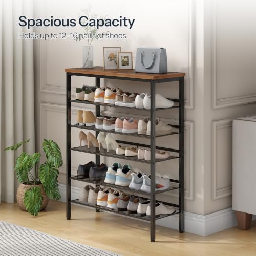 HOOBRO Shoe Rack for Entryway, 6-Tier Shoe Organizer with Adjustable Mesh Shelves, 18-24 Pairs of Shoes, Spacious Floor Mount, Metal, Industrial, Shoe Shelf for Closet, Rustic Brown BF60XJ01 - Image 4