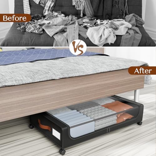 Under Bed Storage with Wheels, UnderBed Storage Containers with Clear Lid and Handles, XXL 60L Under the Bed Storage Bins Drawers for Clothes,Blankets,Shoes,Books (BLACK, 4 PACK) - Image 5