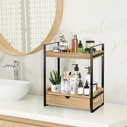 Ukonvi 2-Tier Bathroom Organizer Countertop with Drawer, Wood Counter Shelf for Storage, Vanity Tray for Organization and Decor, Countertop Organizer for Bathroom, Kitchen, Office (Brown) - Image 4