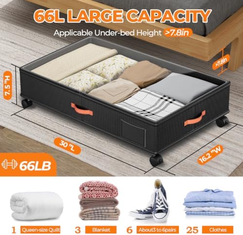 Under Bed Storage with Wheels,2-Pack Under Bed Storage Containers with Clear Lids,XXL Large Under the Bed Storage Organizer Bins With Handles,Space Saving Design for Clothes,Shoes,Books-Black - Image 7