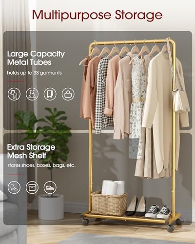 Sakugi Clothes Rack - Clothing Rack with Storage Mesh Shelf & Casters, Heavy-Duty Metal Clothing Rack for Hanging Clothes, Dresses, Coats, Large Load Capacity, Easy Assembly, Gold, 28.0"x16.9"x59.0" - Image 5