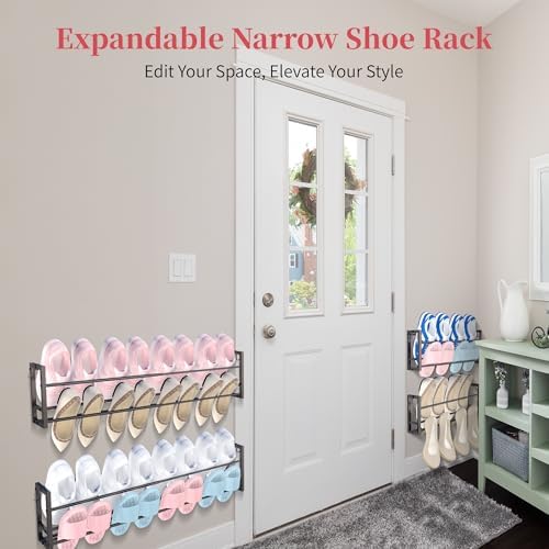 3 Pack Wall Mounted Shoe Rack for Narrow Spaces, Hanging Shoe Rack Holds 24 Pairs, 17"-30"Adjustable Heavy Duty Wall Shoe Storage with 6 Storage Hooks, Space Saving for Closet Entryway Door, Black - Image 3