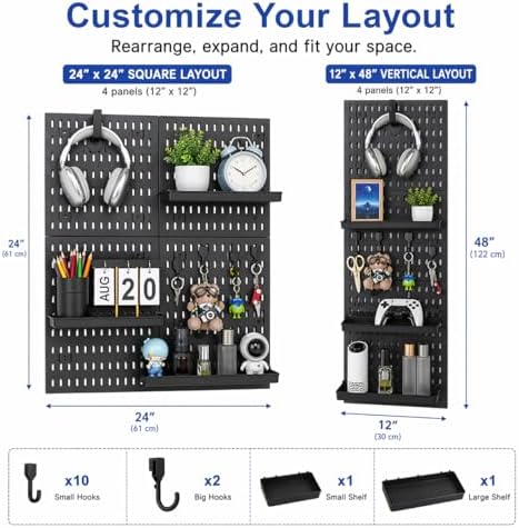 Pegboard Wall Organizer Kit – Heavy Duty 20lbs Load Bearing, Easy Installation, 4 Peg Board Panels 14 Accessories – Multi-Surface Use For Garage, Office, Kitchen & Crafts (Black Pegboard,24″×24″) - Image 5