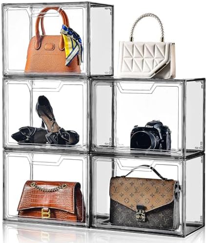 Purse Organizer for Closet,Clear Acrylic Display Case for Handbag Organizer, Purse Storage Box with Magnetic Door, Dustproof Storage Bins for Book, Collectibles, Cosmetic (Grey, 5) by Stebopum