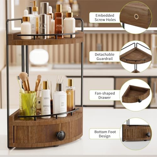 2-Tier Corner Bathroom Countertop Organizer with Drawer - Image 3