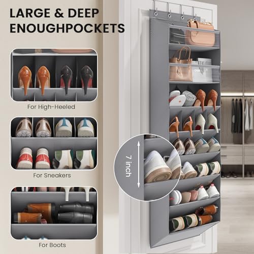Mefirt 16-20 Pairs Over the Door Shoe Organizer, Clear Pockets Shoe Rack for Closet Door, Hanging Shoe Rack for Boots, Behind the Door Shoe Holder Fit All the Family's Sneakers, Boots, Heels, Grey - Image 5