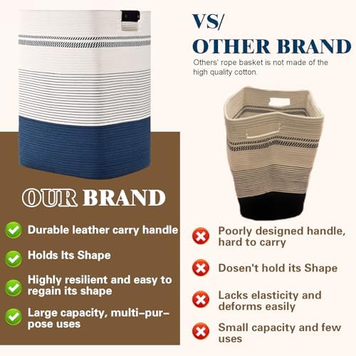 Laundry Hamper, 75L Tall Laundry Basket with Leather Handles, Rectangle Large Clothes Hamper for Organizing, Cotton Woven Laundry Baskets Storage Hampers for Bedroom, Nursery, Living Room - Image 5