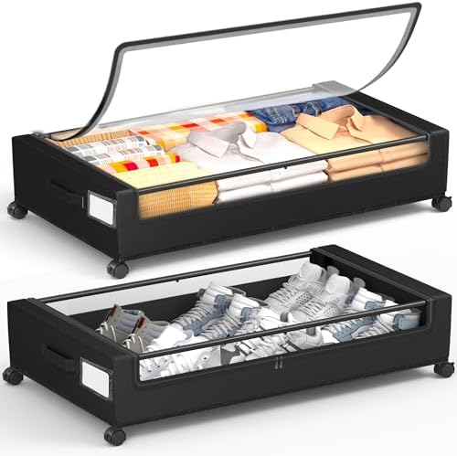 Under Bed Storage With Wheels, 2 Pack Square Containers, 60L Bins, Rolling Metal Drawer for Clothes, Blankets, Shoes by YEEBONIX-UnderBedStorage